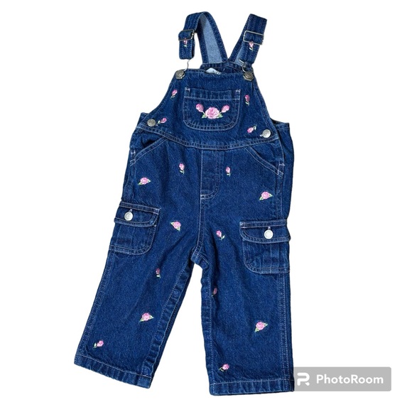 Vintage 90s Overalls Floral Embroidered Pink Roses Size 18 Months Denim - Picture 1 of 5